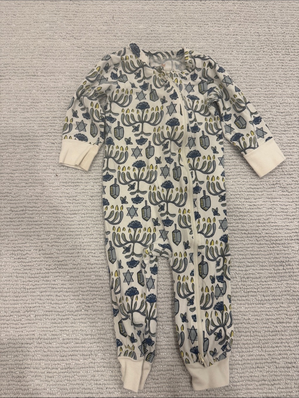 Pink Chicken Cream Footie Pajamas with Blue & Yellow Menorah Print